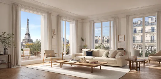 Appartement parisien avec vue sur la Tour Eiffel - Salon haussmannien parquet chevron